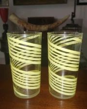 Vintage Mid Century Cocktail 5" Pale Yellow Spiral Stripes Collins Glass Pair