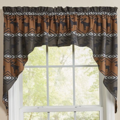 Pair Moose Lodge Jacquard Rustic Country Cabin Unlined Window Swags 72''x36''