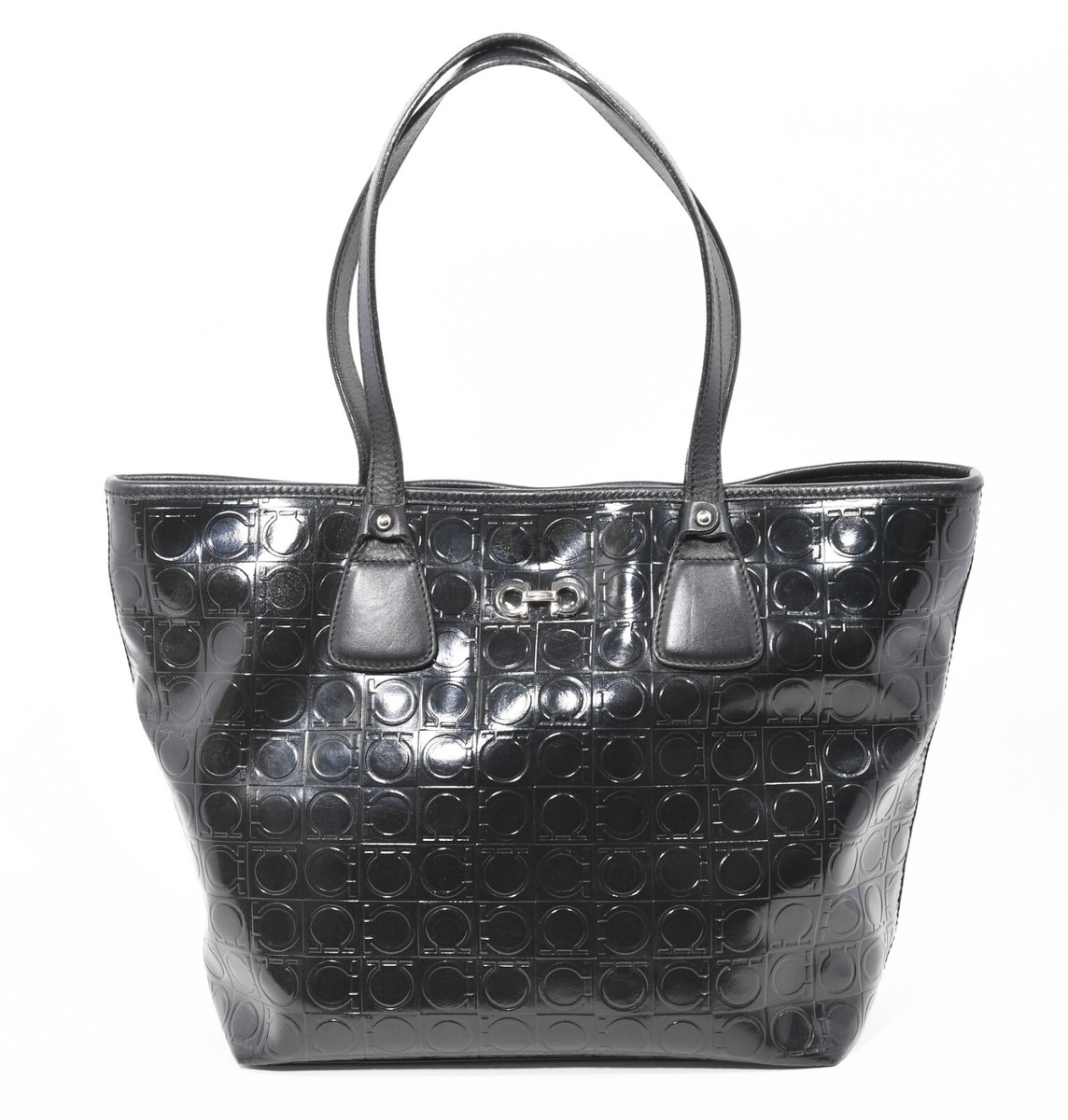 Salvatore Ferragamo Ferragamo Black Gancini Embossed Leather