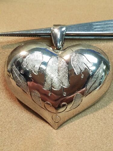 Vintage Sterling Silver Large Puff Heart Etched w/