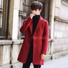Men's Korean Fashion Wool Blend Long Trench Coat Outwear Slim Fit Overcoat Parka