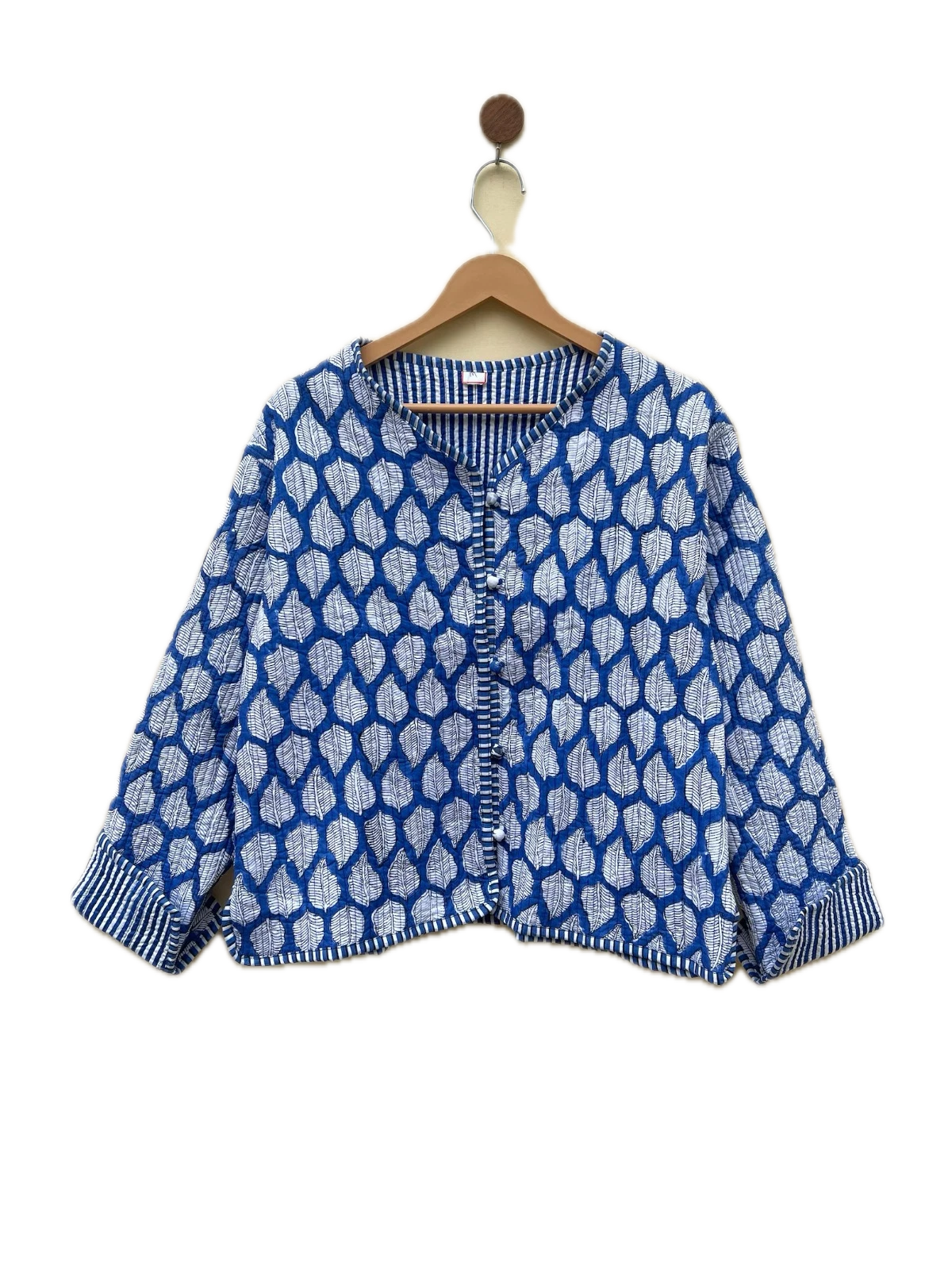 Indian Blue Leaf Printed Cotton Quilted Unisex Jacket Women's Clothing Jacket AU