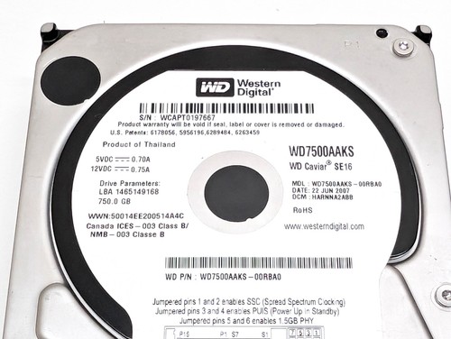 Western Digital Caviar SE16 750GB, 7200RPM, 3.5" Internal SATA HDD WD7500AAKS - Picture 8 of 9