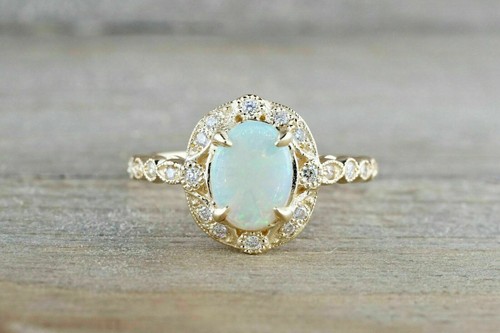 1CT Oval Cut Fire Opal Diamond Halo Engagement Women Ring 14k Yellow Gold Plated - Picture 5 of 5