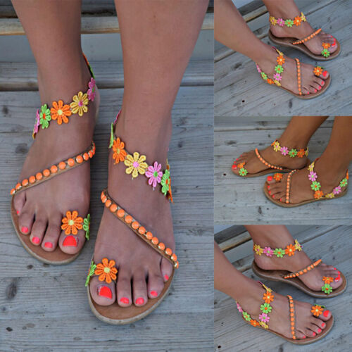 Women Boho Flower Sandals Flip Flops Ladies Summer Beach Holiday Flat Shoes Size - Picture 1 of 18