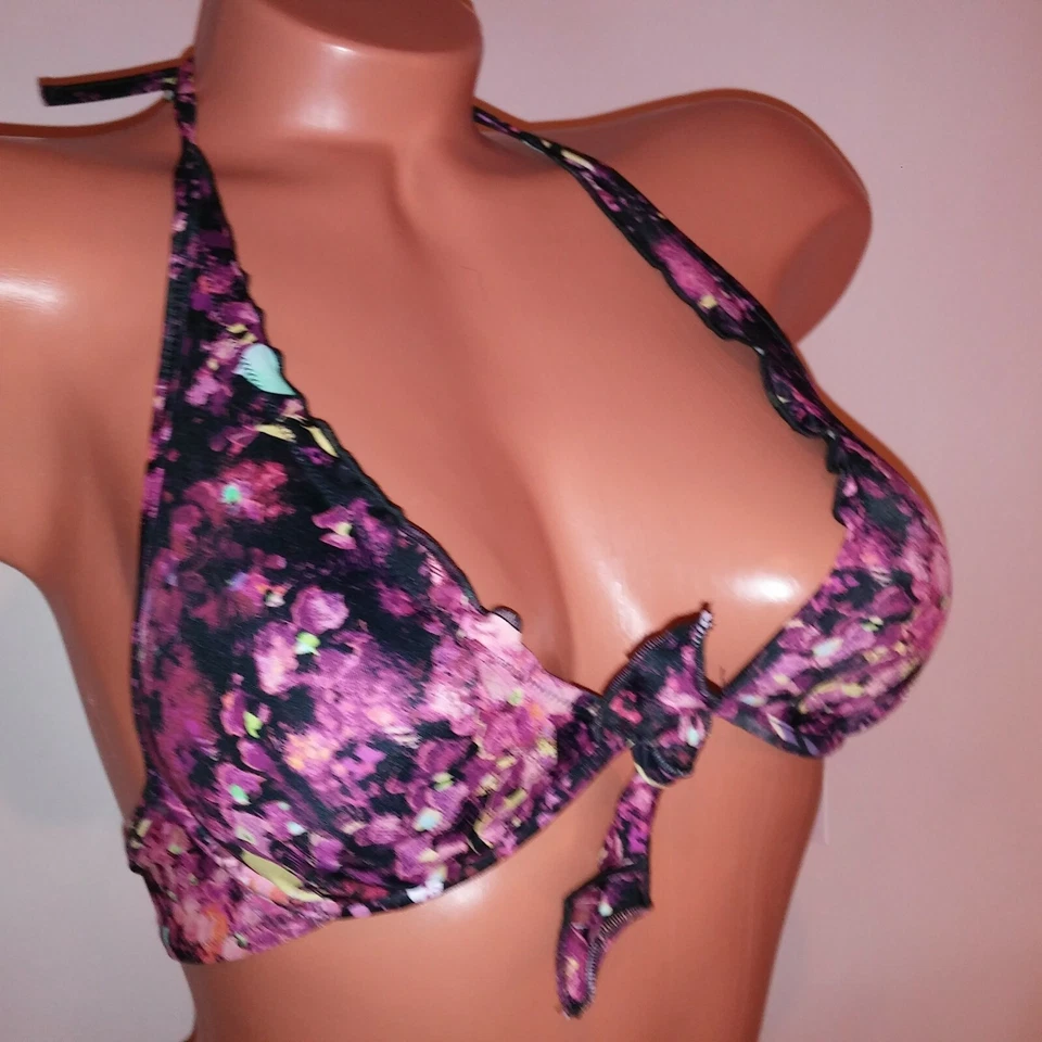 Top de bikini de natación Victoria Secret 32A negro rosa borgoña con volantes nuevo Foto 3 de 4