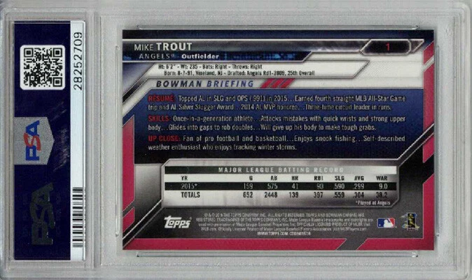 2016 BOWMAN CHROME #1 MIKE TROUT BASEBALL CARD ANGELS PSA 9 CENTERED MT MINT - Image 2 of 2
