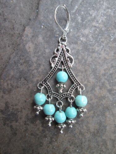 Orecchini lampadario turchese boho chic con fondello a leva in argento sterling - Foto 4 di 5
