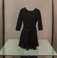 New Lipsy Size 10 Black Curve Hem Skater Black Belted Dress Party Cocktail