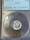 1951-S 50¢ PCGS MS65 Roosevelt Dime RATTLER holder