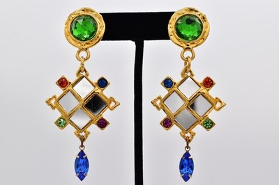 Robert Rose Vintage Statement Dangle Earrings Multi-Color Crystal Mirror Bin1