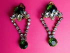 Vintage Czech Glass Rhinestone Earrings Green Clip On Unbranded Costume Jewelry