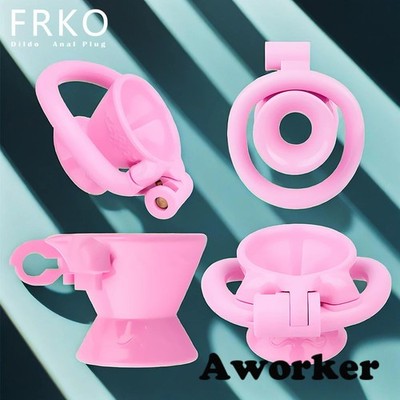 Pink Inverted Sissy Male Chastity Cage Negative Lock Cage CBT 4 Rings for Men 