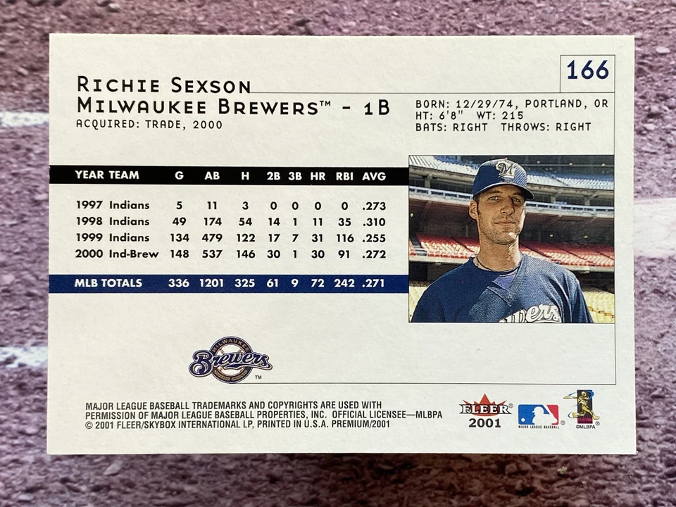 2001 Fleer Premium Richie Sexson #166 Milwaukee Brewers - Image 2 of 2