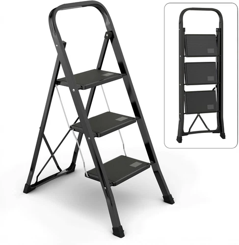 Steel Folding 2/3 Step Stool Ladder Adults With Soft-Grip Handle 330 Lbs