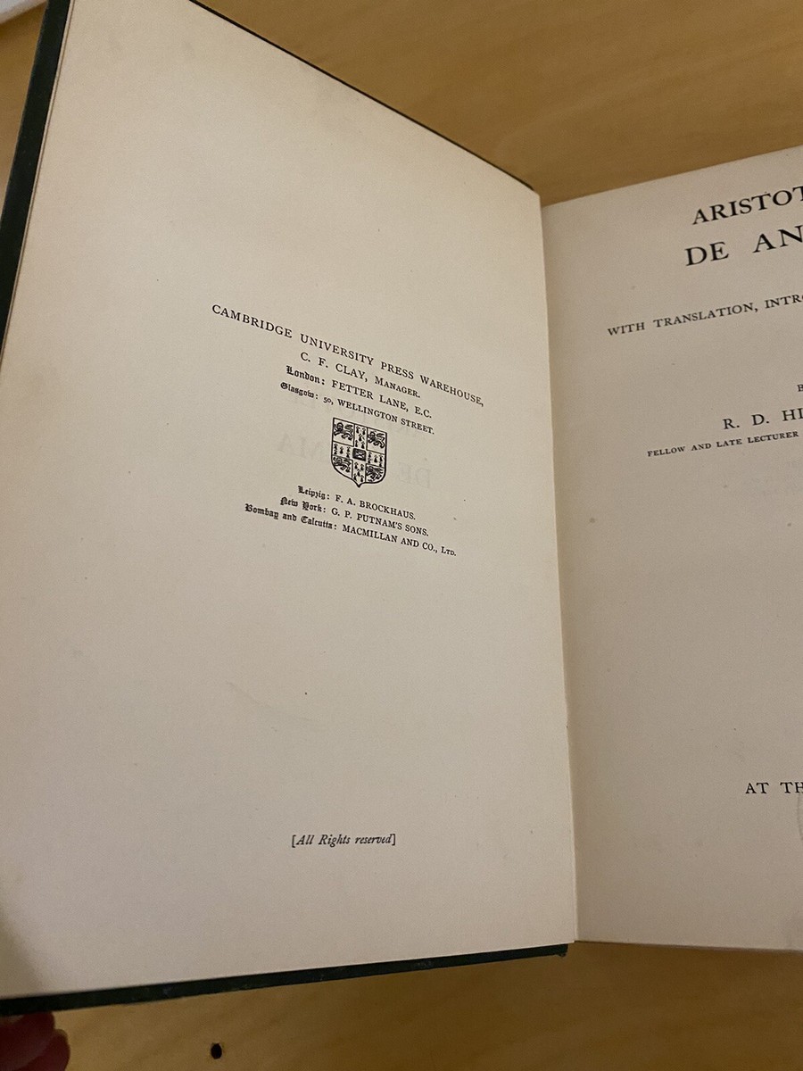 Aristotle De Anima - Robert Drew Hicks - 1907 Cambridge 1st