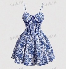 SHEIN Floral Print Bustier Dress Summer Cami Short Dress White Blue Size 8