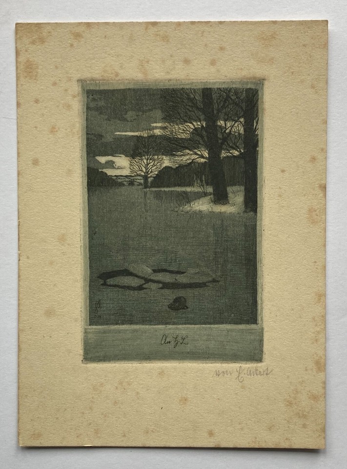 Autograph Monogram Etching 1924 Art Nouveau Winter Landscape by the River HL Monogram ...