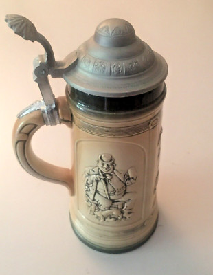 Alter Bierkrug Porzellan mit  Zinndeckel - 1 Liter ''Ich bin ein stiller Zecher''