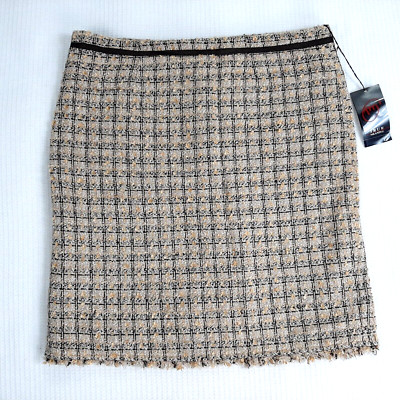 NWT TRUE MEANING Women's Sz 4 Skirt Plaid Yellow Brown Lined Pencil Fringe Trim