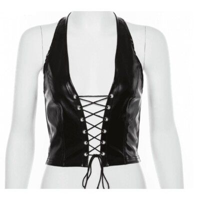 New Women Genuine Black Leather Corset Hollow Lace Up Halter