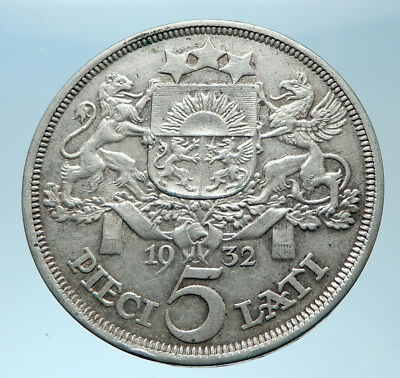 1932 LATVIA w Female Headwear 5 Lati LARGE Vintage Silver European