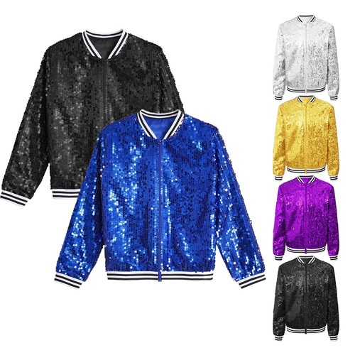 Kids Girls Baseball Jackets Shiny Coat Sparkly Outerwear Sequin Overcoat - Afbeelding 1 van 59