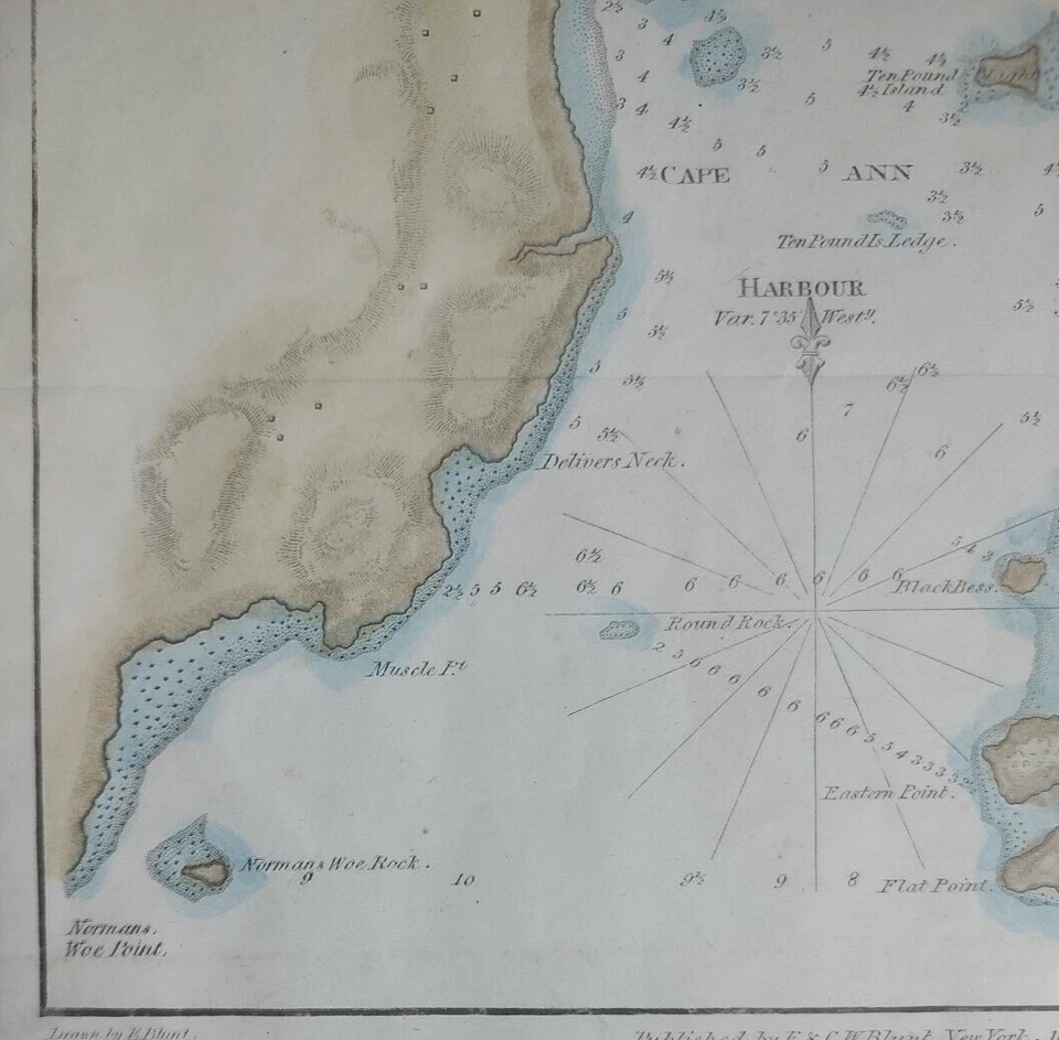 Cape Ann Harbor Massachusetts MAP Gloucester 1854 Blunt NAUTICAL Chart COLOR MA - Image 3 of 4