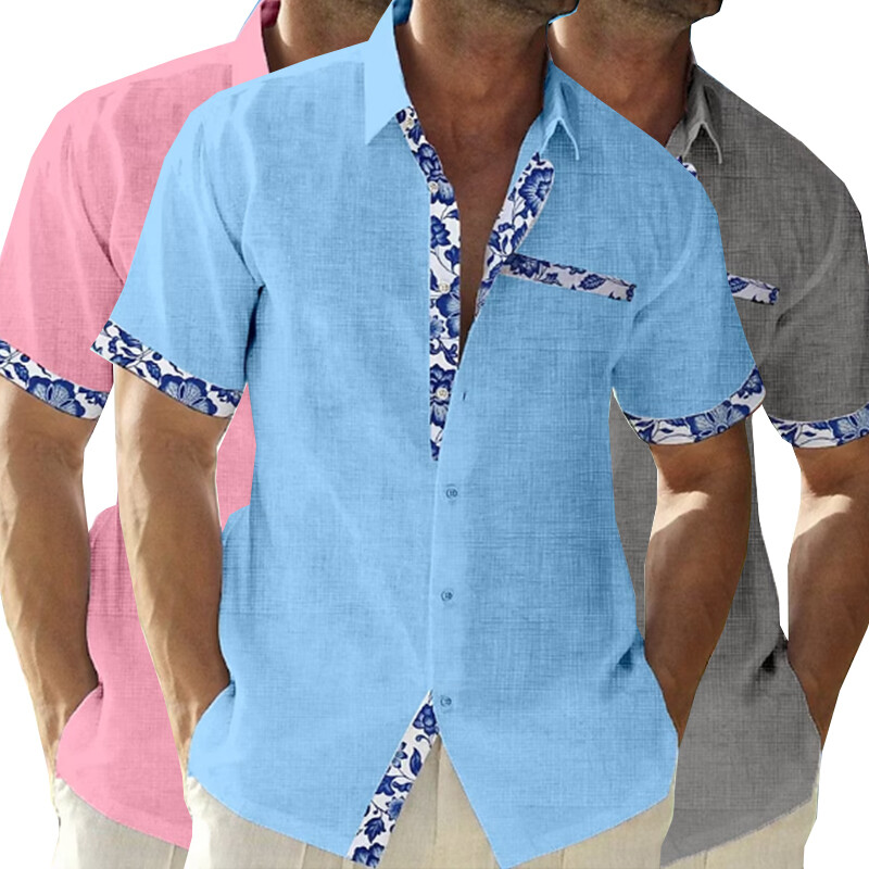 men's color block dress shirt Mens Short Sleeve Color Block Dress Shirt Casual Button-down Pocket Lapel  Tops ⇖