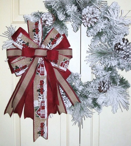 10 " RED BARN / COWS CHRISTMAS BOW WIRED RIBBON for DOOR WREATH LANTERN # 154 rb - Picture 3 of 4