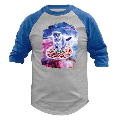 Gatto Grigio Equitazione Intero Pizza Animale Pet Divertente Scherzo Umorismo Manica 3/4 Raglan - Foto 6 di 10