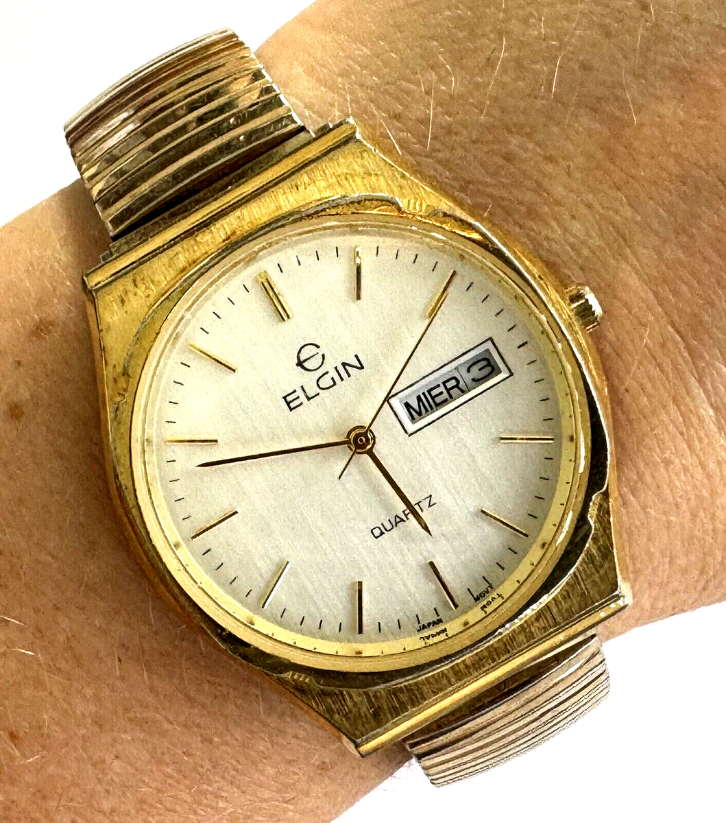 Elgin Quartz FG058 012 2105 Day Date Gold Tone Men's Wrist