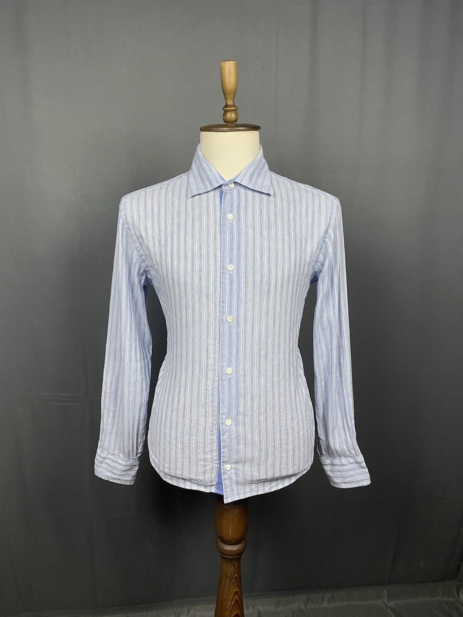 Brioni Old Money Style Men's Blue Striped Linen Longsleeve Shirt