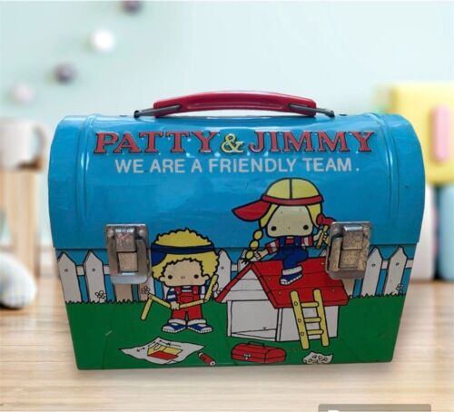 Sanrio Vintage 1976 PATTY & JIMMY Goodies Lunchbox Tin Can Case Japan Blue - Picture 1 of 5