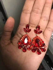 Red Earrings Gold Dangle Drop Rhinestone Prom Long Crystal Pageant Earrings