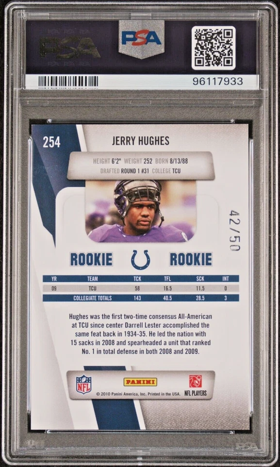 JERRY HUGHES 2010 Prestige Xtra Points Purple #254 Rookie RC/50 PSA 10 Pop 1 - Image 2 of 2