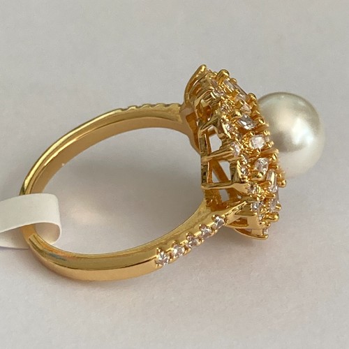 Art Deco Cubic Zirconia Pearl Cocktail Ring 14 kt Yellow Gold Plated Size 9 Faux - Picture 7 of 16