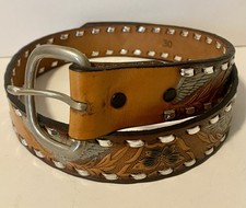 Vintage 1970s Belt Tooled Leather Western BOHO Buckstitch Cowboy USA Sz 28 30