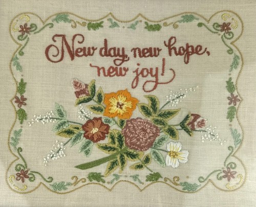 Vintage Framed Embroidery Floral Bouquet New Day New Hope New Joy Cottagecore - Picture 2 of 14