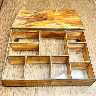 Vintage Amber Slag Glass Hinged Jewelry Box Stained Glass Trinket Organizer