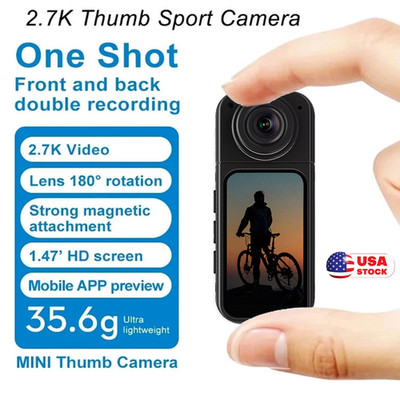 2.7K HD Thumb Action Camera WiFi Compact Hands-Free POV Cam 1080P Supports 128GB