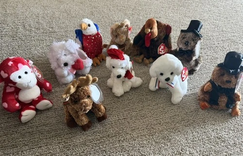 VINTAGE TY Beanie Babies Lot of 10 New with Tags Feastings Puupy Clays Oakdale….