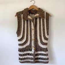 Handmade Vintage Crochet Chunky Knit Vest Brown Striped Wood Toggle Boho Retro