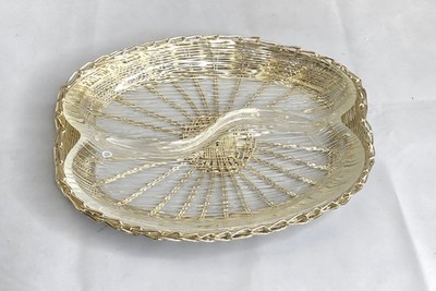 Vintage Pressed Glass Divided Tray With Silver-Tone Woven Wire Basket