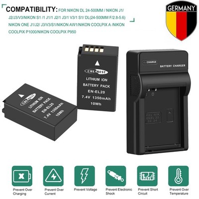 2PCS EN-EL20a Akku EN-EL20 Für Nikon Coolpix P950 P1000 1 J1 J2 J3 V3 +Ladegerät