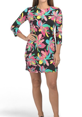 Trina Turk Women's Sz M Black Pink Floral Camilla Stretch Dress New