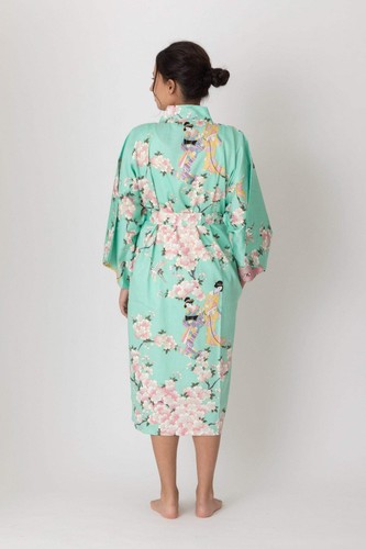 Accappatoio corto kimono giapponese donna fiori di ciliegio e bellezza raso di cotone made in J - Foto 3 di 15