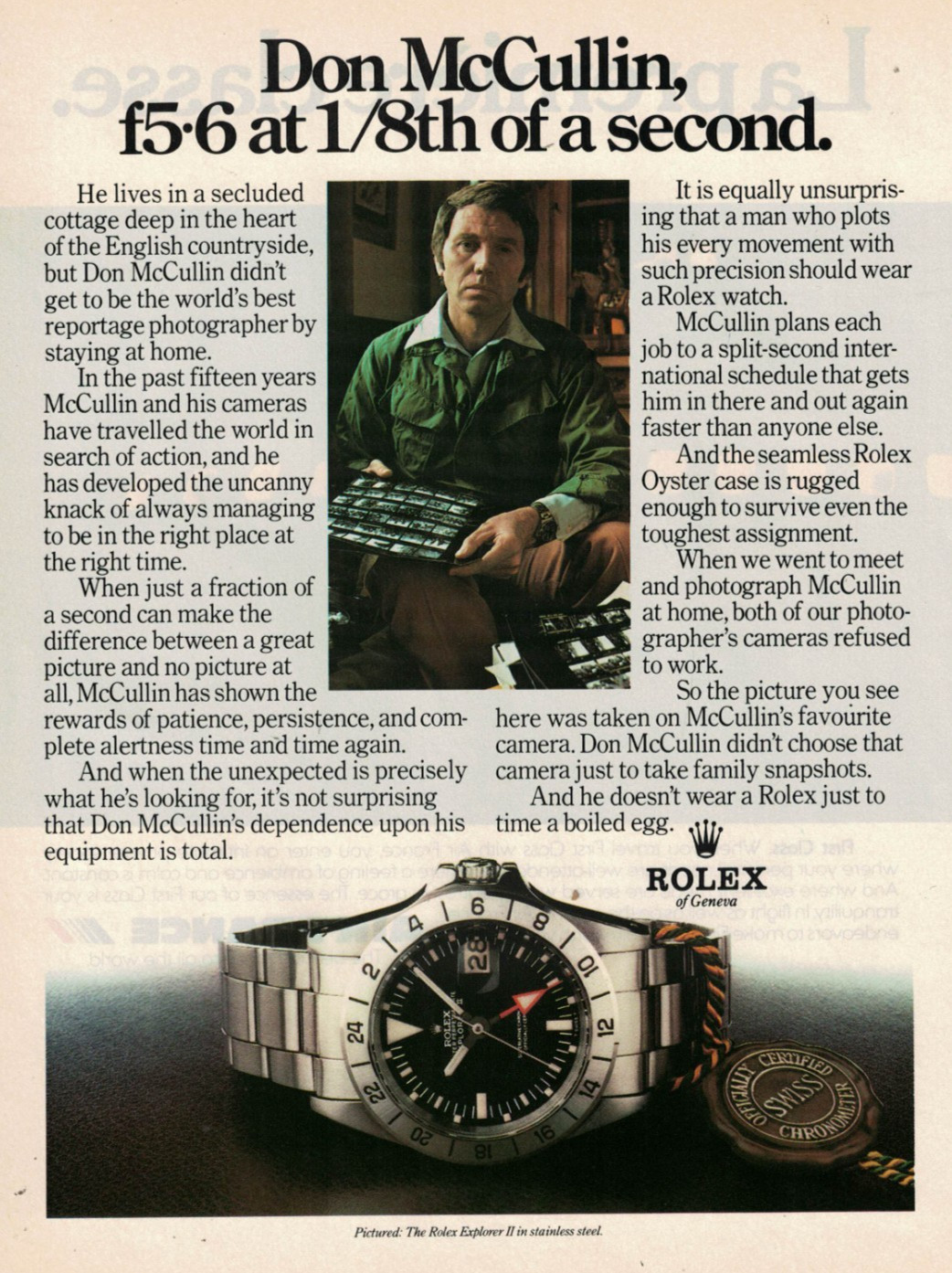 ROLEX OROLOGIO Explorer II Oyster DON McCULLIN Pubblicità 1 Pagina Vintage '80