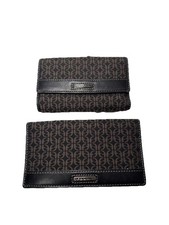 Fossil Tri-Fold Black Brown Canvas Signature Logo Leather Trim Wallet/ Checkbook