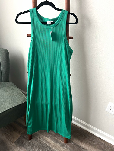 GAP Women’s Green Solid Round Neck Sleeveless Ribbed Knit Stretch Midi Dress L